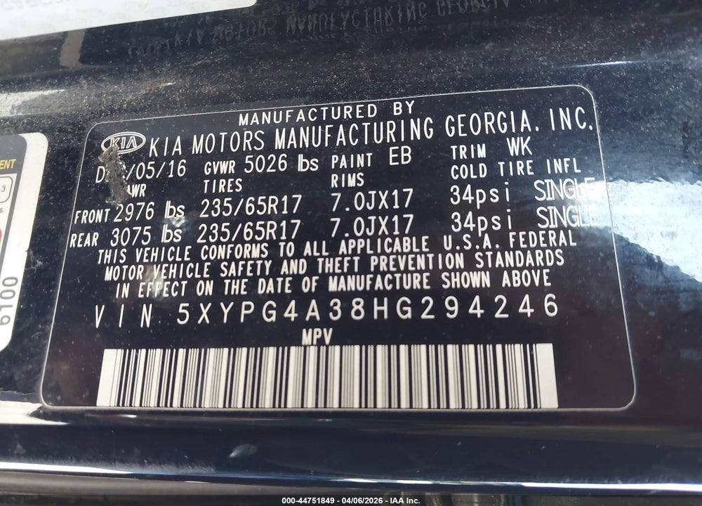 2017 KIA SORENTO 2.4L LX VIN: 5XYPG4A38HG294246