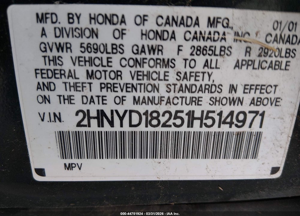 2001 ACURA MDX VIN: 2HNYD18251H514971