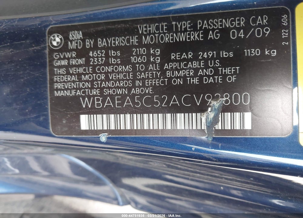 2010 BMW 650I VIN: WBAEA5C52ACV92800