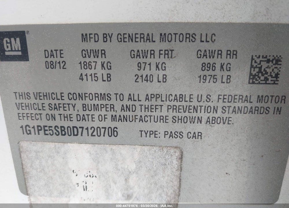 2013 CHEVROLET CRUZE 2LT AUTO VIN: 1G1PE5SB0D7120706