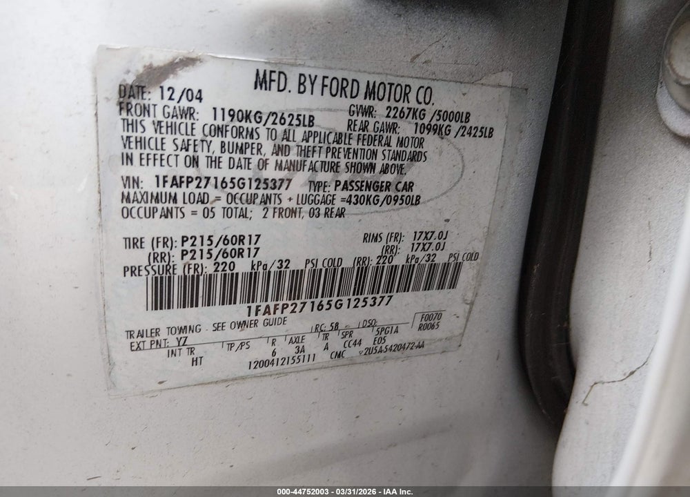 2005 FORD FIVE HUNDRED SEL VIN: 1FAFP27165G125377