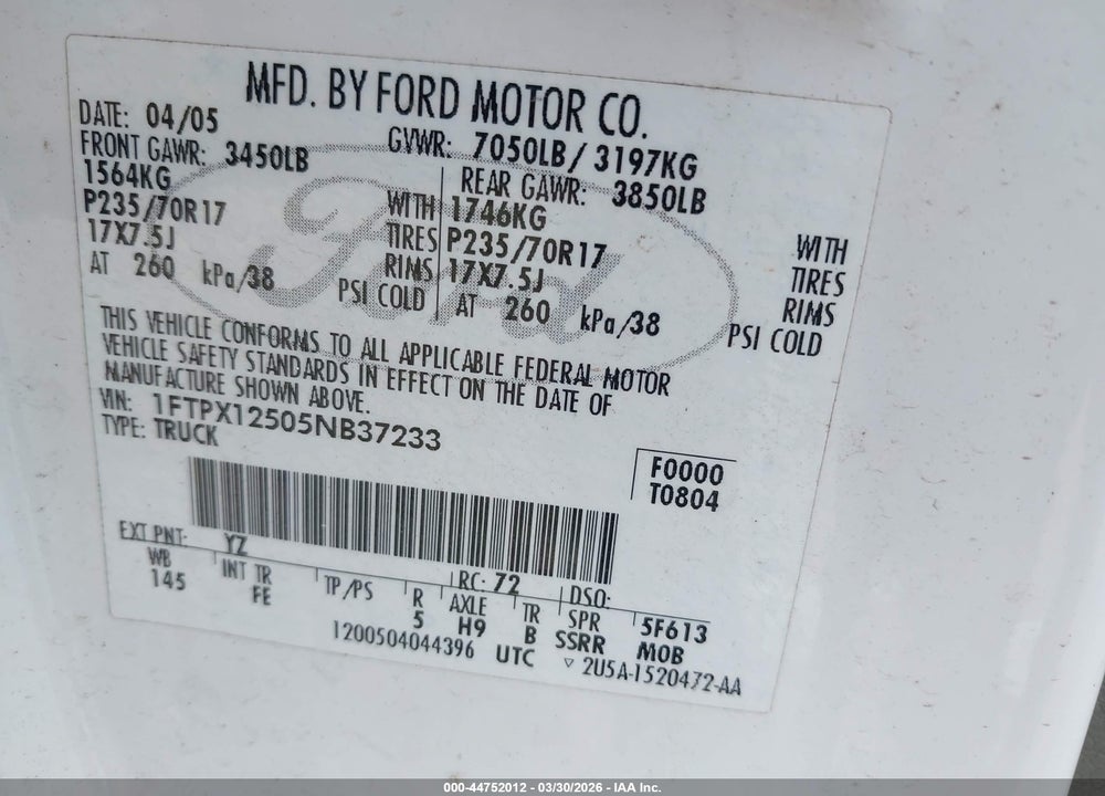 2005 FORD F-150 LARIAT/XL/XLT VIN: 1FTPX12505NB37233