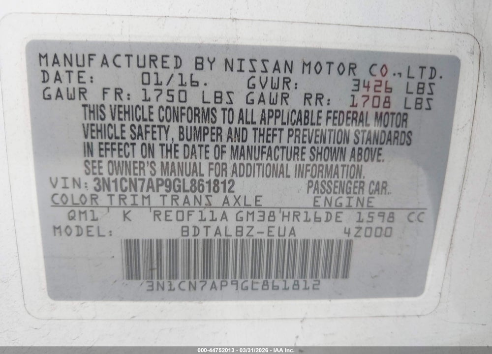 2016 NISSAN VERSA 1.6 SV VIN: 3N1CN7AP9GL861812