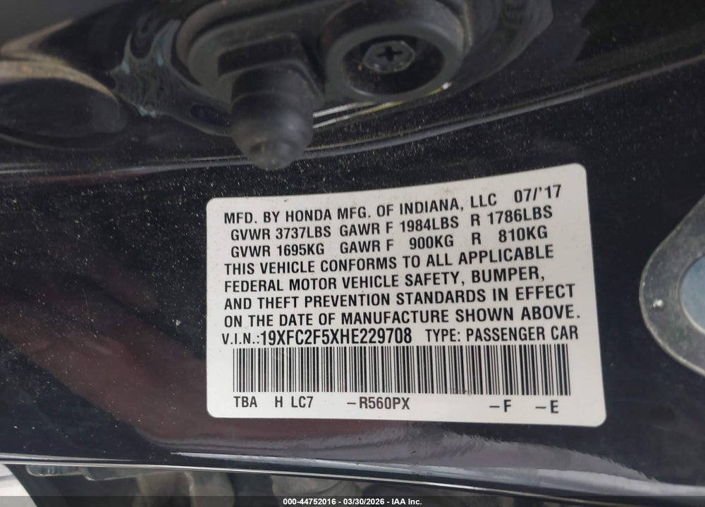 2017 HONDA CIVIC LX VIN: 19XFC2F5XHE229708