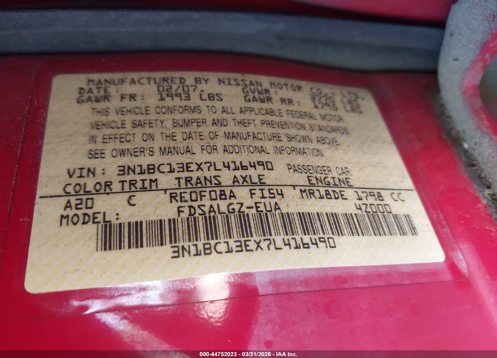 2007 NISSAN VERSA 1.8SL VIN: 3N1BC13EX7L416490