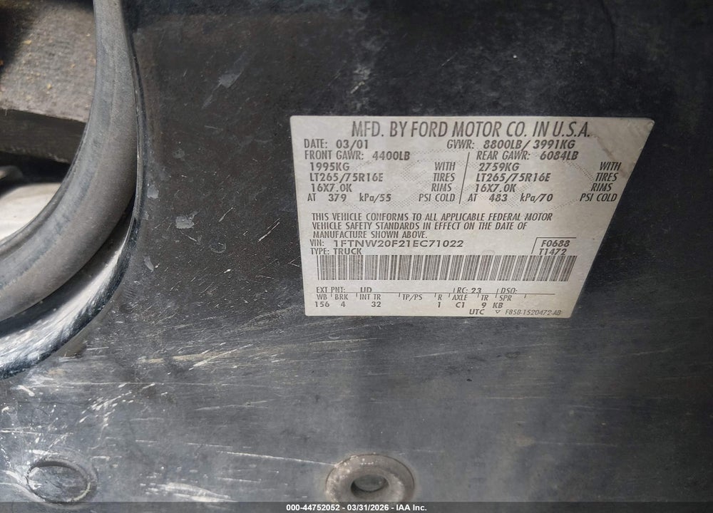 2001 FORD F-250 LARIAT/XL/XLT VIN: 1FTNW20F21EC71022