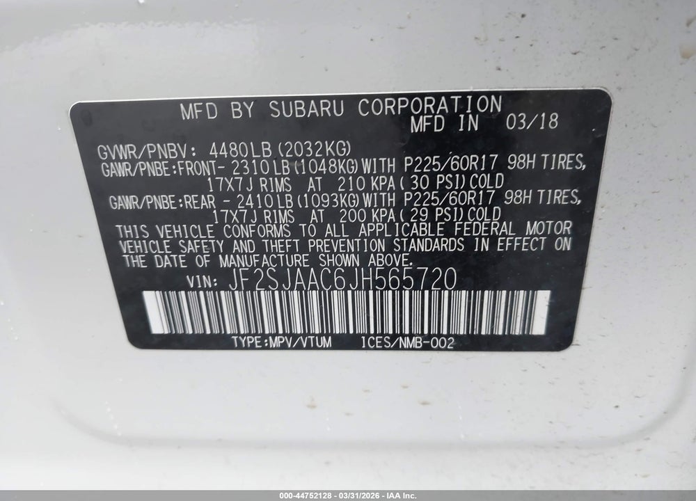 2018 SUBARU FORESTER 2.5I VIN: JF2SJAAC6JH565720