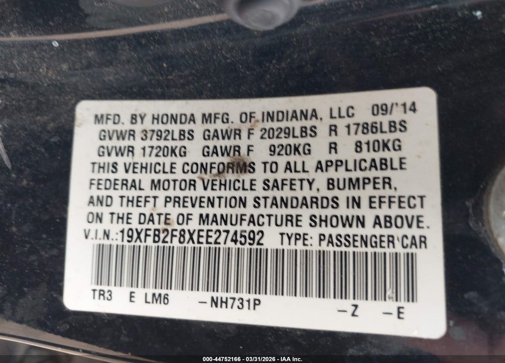 2014 HONDA CIVIC EX VIN: 19XFB2F8XEE274592