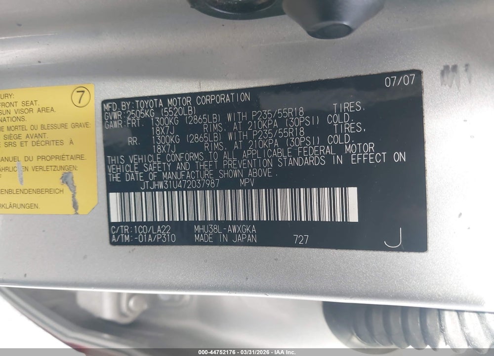 2007 LEXUS RX 400H VIN: JTJHW31U472037987