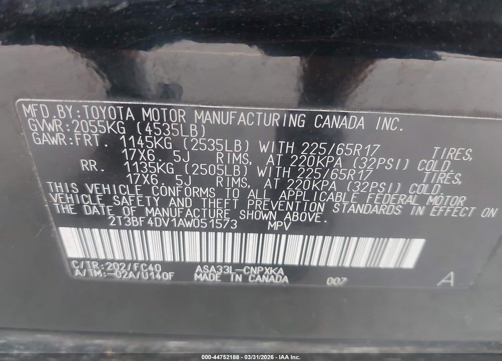 2010 TOYOTA RAV4 VIN: 2T3BF4DV1AW051573