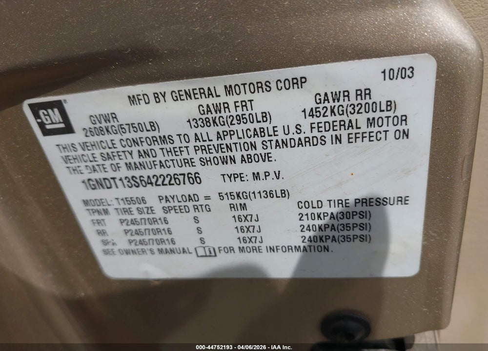 2004 CHEVROLET TRAILBLAZER LS VIN: 1GNDT13S642226766