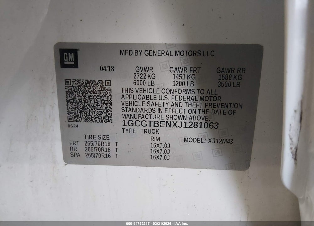 2018 CHEVROLET COLORADO WT VIN: 1GCGTBENXJ1281063