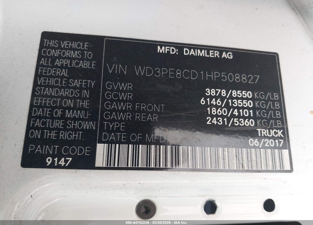 2017 MERCEDES-BENZ SPRINTER 2500 HIGH ROOF V6 VIN: WD3PE8CD1HP508827