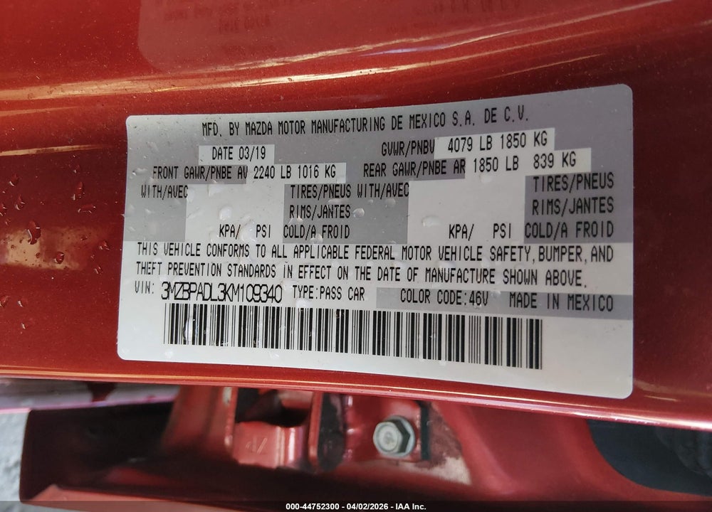 2019 MAZDA 3 PREFERRED PACKAGE VIN: 3MZBPADL3KM109340