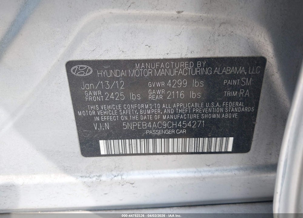 2012 HYUNDAI SONATA GLS VIN: 5NPEB4AC9CH454271