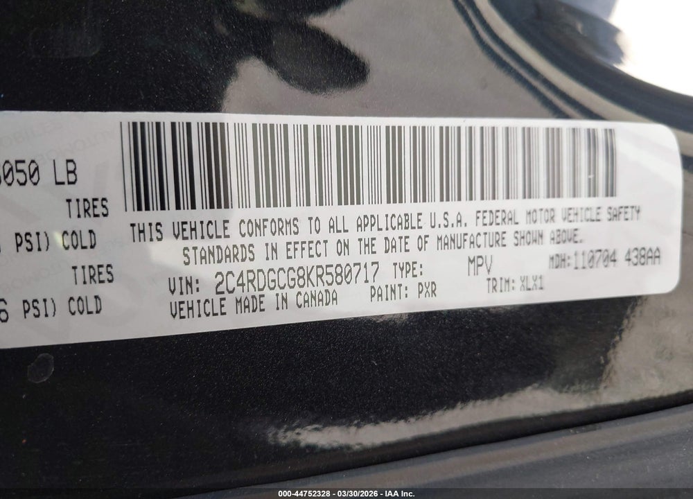 2019 DODGE GRAND CARAVAN SXT VIN: 2C4RDGCG8KR580717