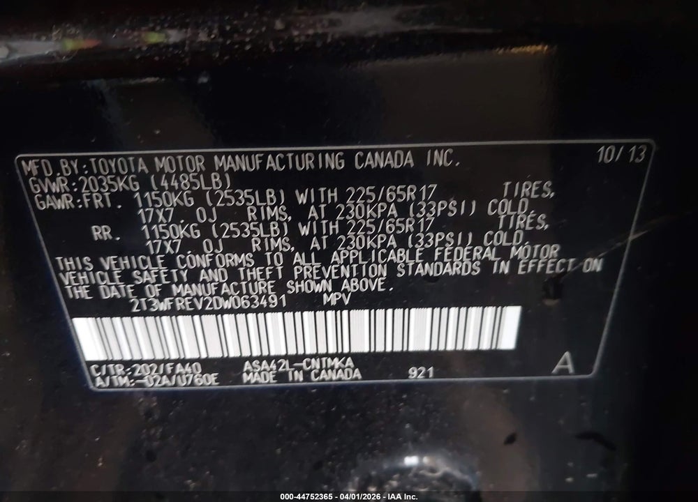 2013 TOYOTA RAV4 XLE VIN: 2T3WFREV2DW063491