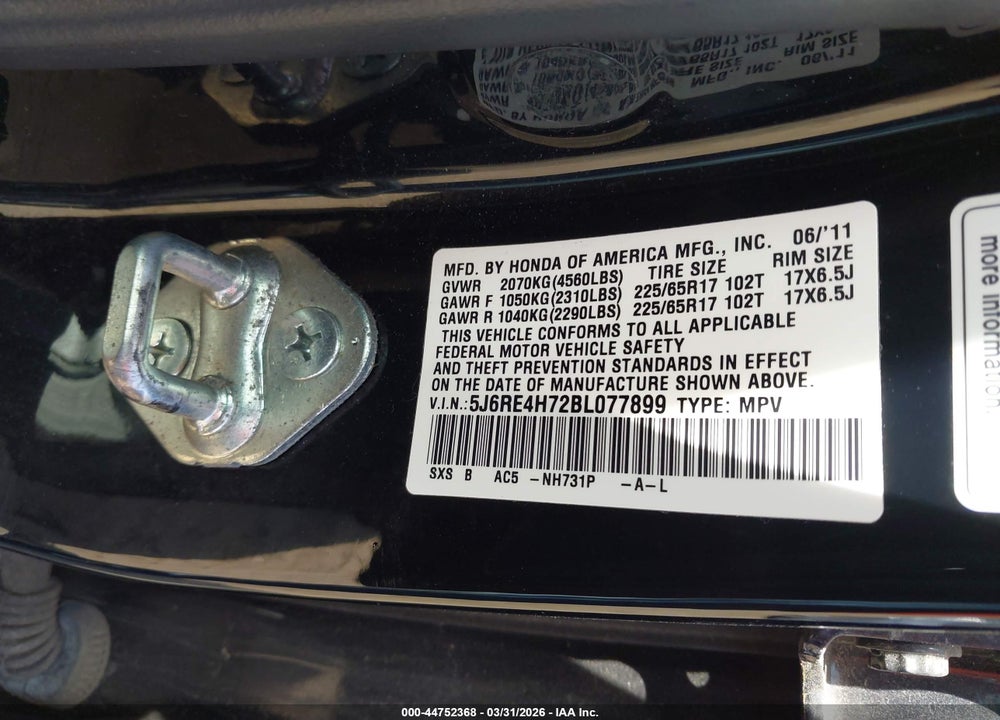 2011 HONDA CR-V EX-L VIN: 5J6RE4H72BL077899