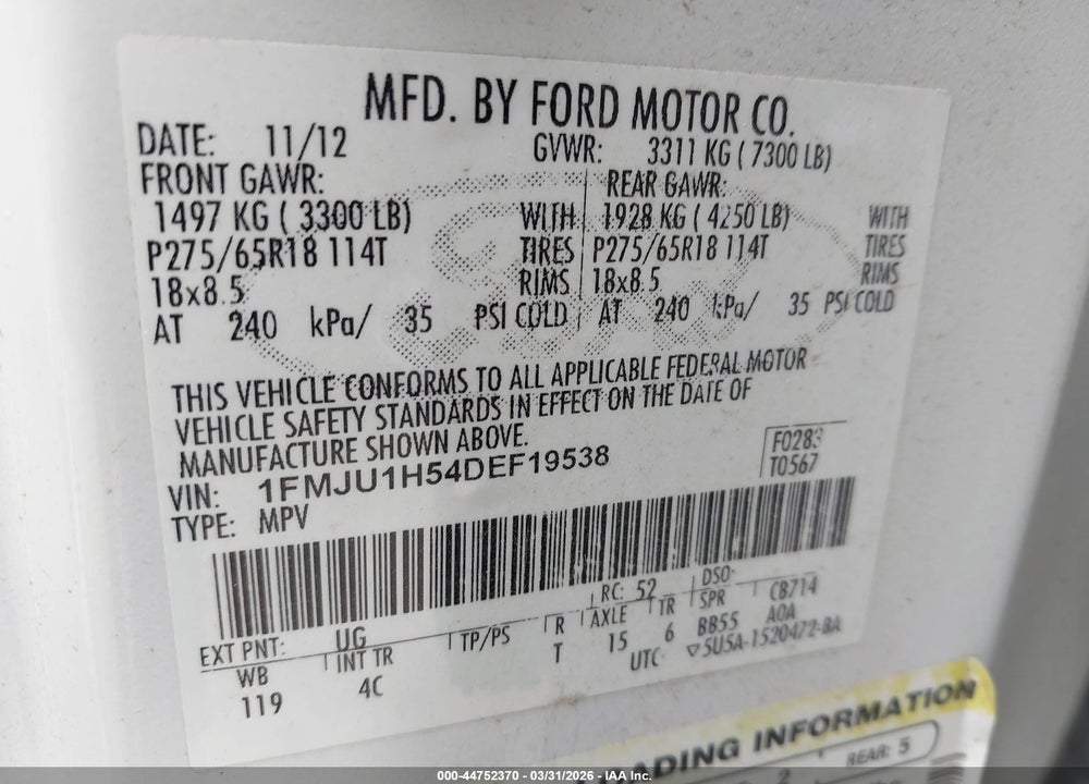 2013 FORD EXPEDITION XLT VIN: 1FMJU1H54DEF19538