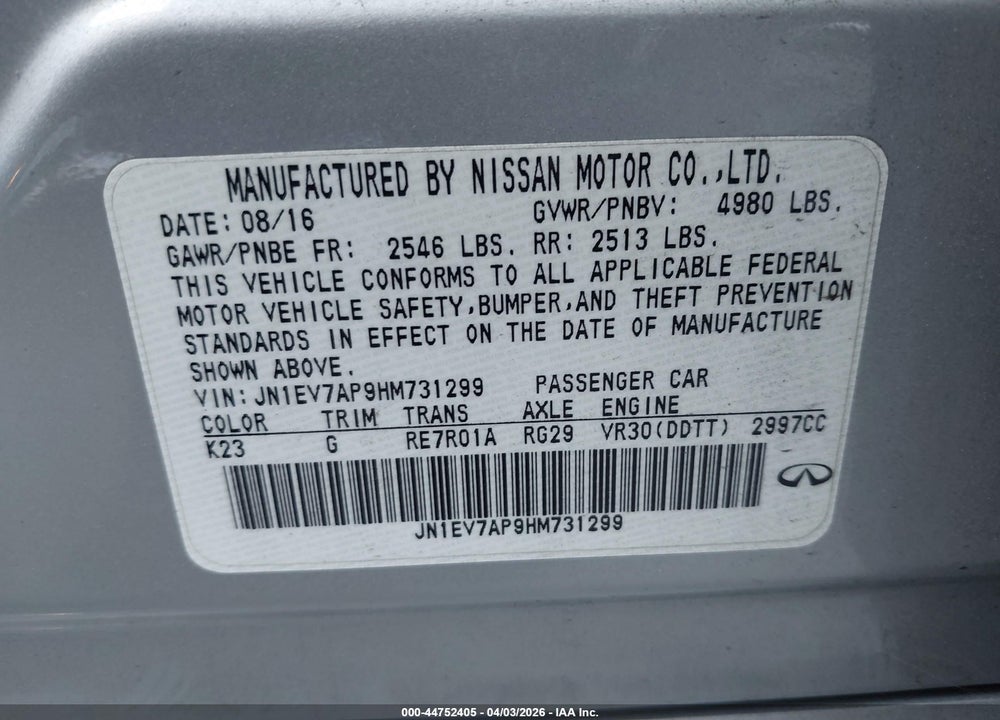 2017 INFINITI Q50 3.0T PREMIUM VIN: JN1EV7AP9HM731299