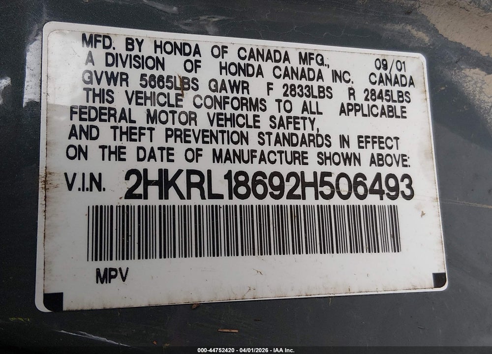 2002 HONDA ODYSSEY EX VIN: 2HKRL18692H506493