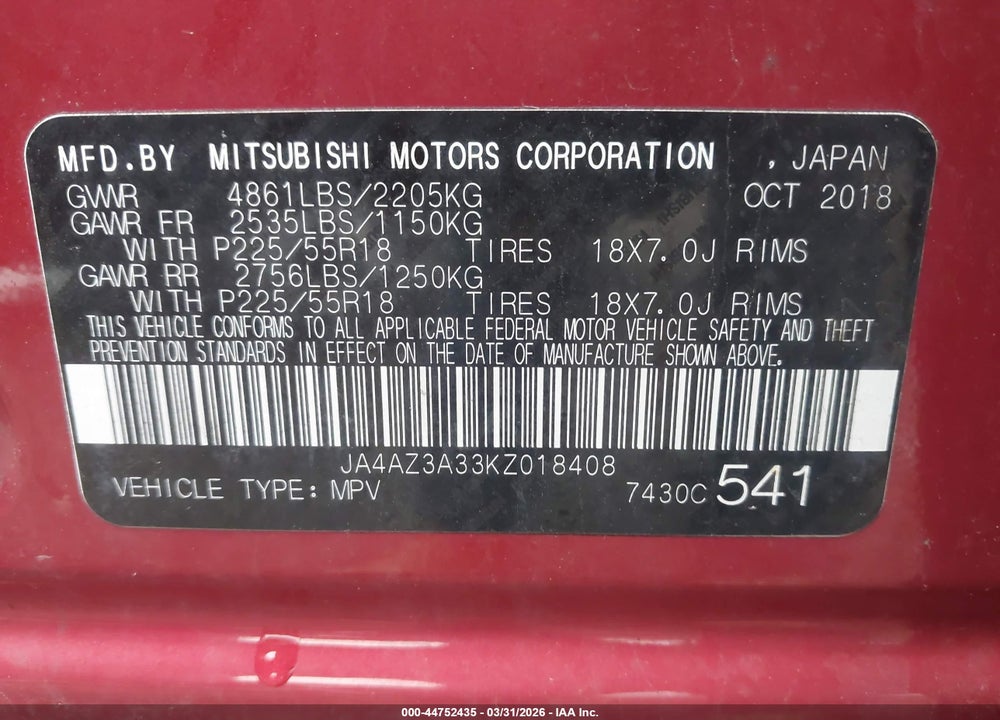 2019 MITSUBISHI OUTLANDER ES VIN: JA4AZ3A33KZ018408