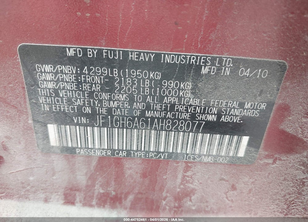 2010 SUBARU IMPREZA 2.5I VIN: JF1GH6A61AH828077