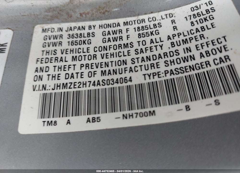 2010 HONDA INSIGHT EX VIN: JHMZE2H74AS034064