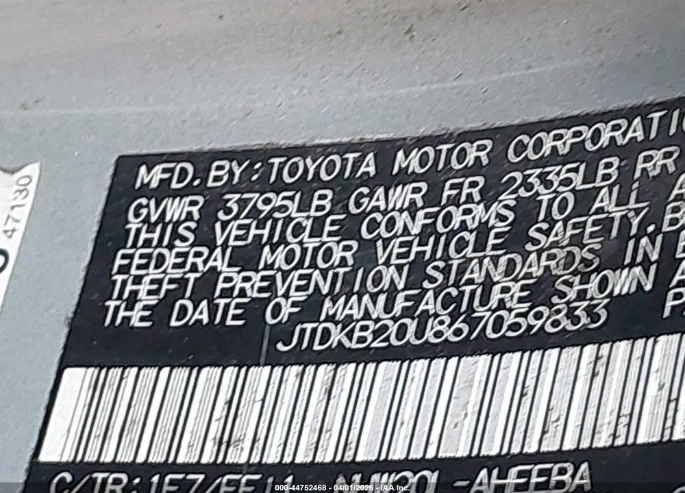 2006 TOYOTA PRIUS VIN: JTDKB20U867059833