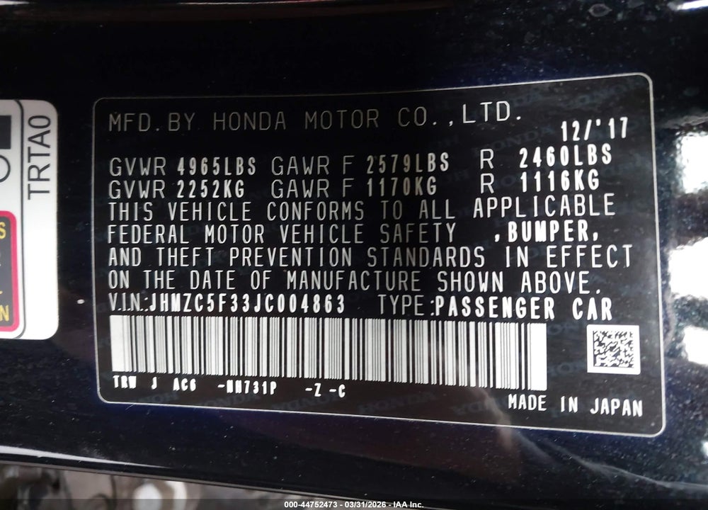 2018 HONDA CLARITY PLUG-IN HYBRID TOURING VIN: JHMZC5F33JC004863