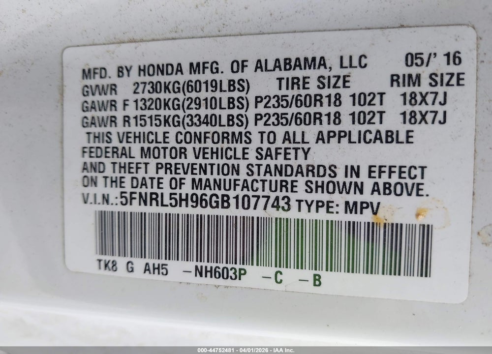 2016 HONDA ODYSSEY TOURING/TOURING ELITE VIN: 5FNRL5H96GB107743
