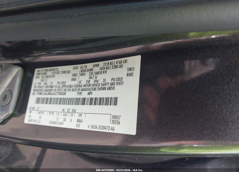 2018 FORD ESCAPE TITANIUM VIN: 1FMCU0J96JUC70029