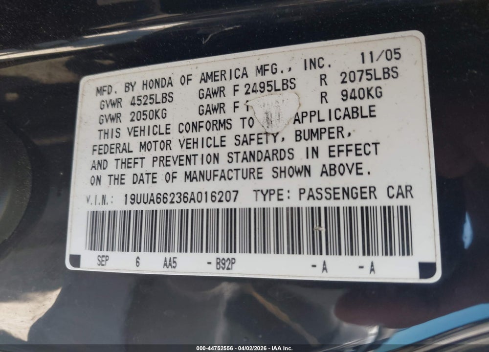 2006 ACURA TL VIN: 19UUA66236A016207