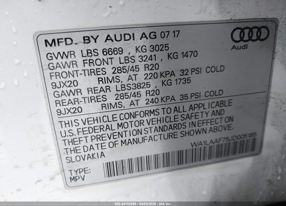 2018 AUDI Q7 3.0T PREMIUM VIN: WA1LAAF75JD005185