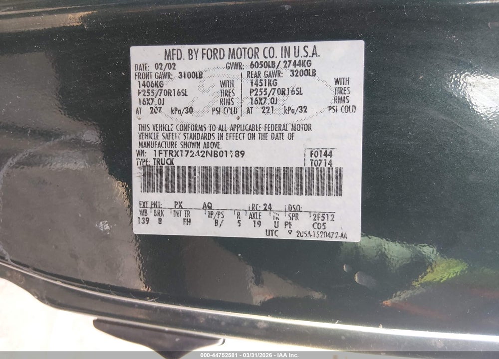 2002 FORD F-150 XL/XLT VIN: 1FTRX17242NB01189