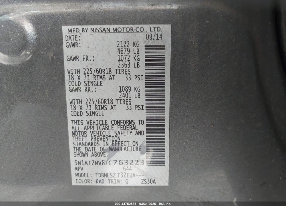 2015 NISSAN ROGUE SL VIN: 5N1AT2MV8FC763223