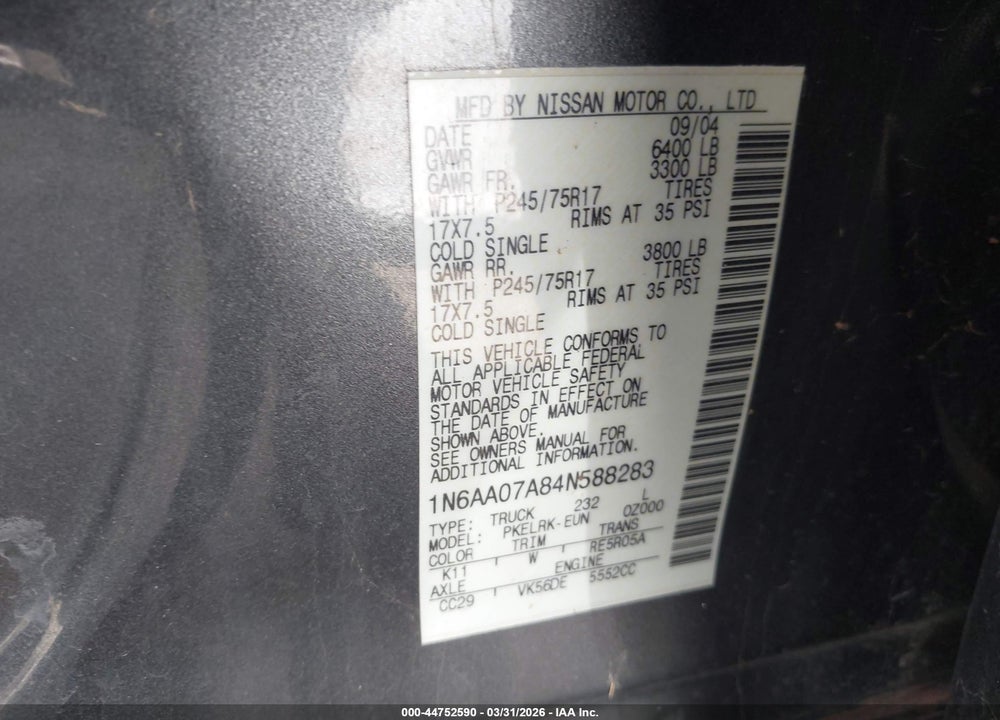 2004 NISSAN TITAN XE VIN: 1N6AA07A84N588283