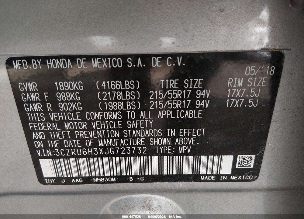 2018 HONDA HR-V LX VIN: 3CZRU6H3XJG723732