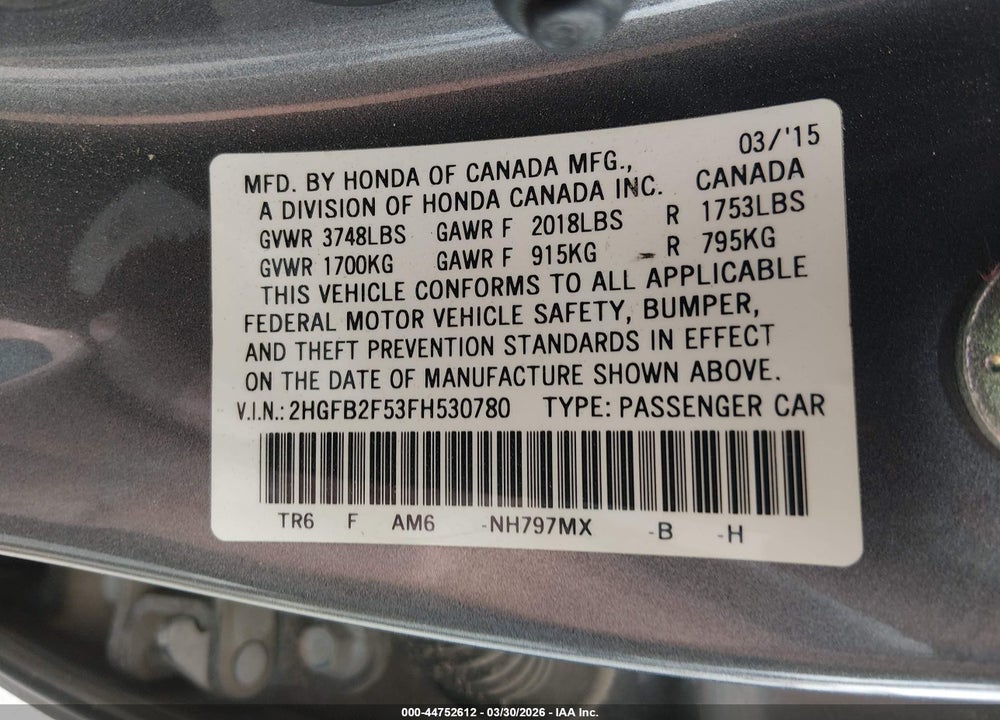 2015 HONDA CIVIC LX VIN: 2HGFB2F53FH530780