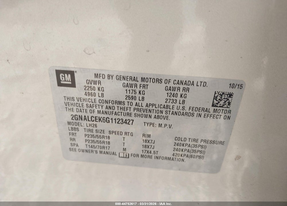 2016 CHEVROLET EQUINOX LT VIN: 2GNALCEK6G1123427