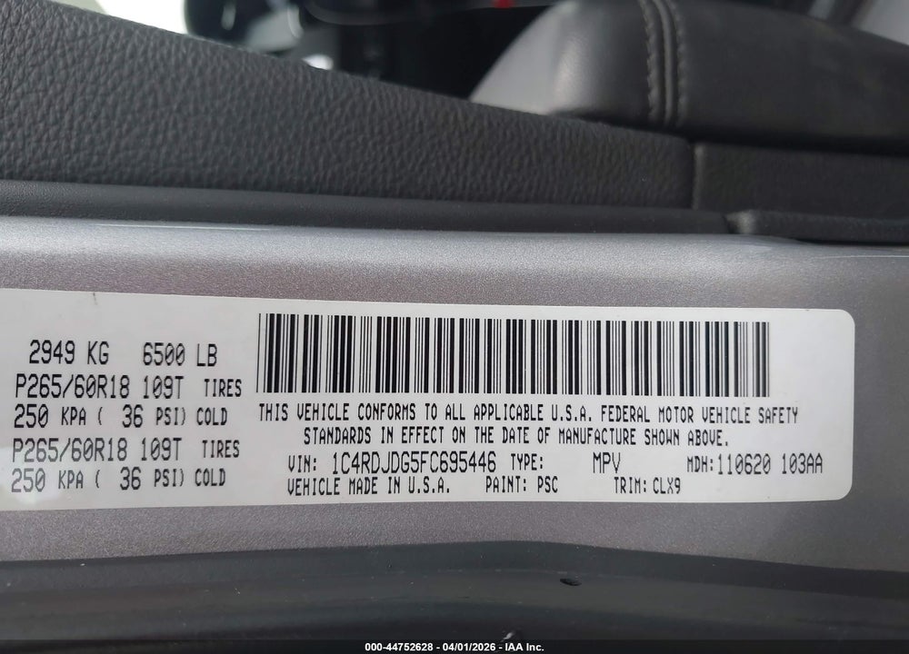 2015 DODGE DURANGO LIMITED VIN: 1C4RDJDG5FC695446
