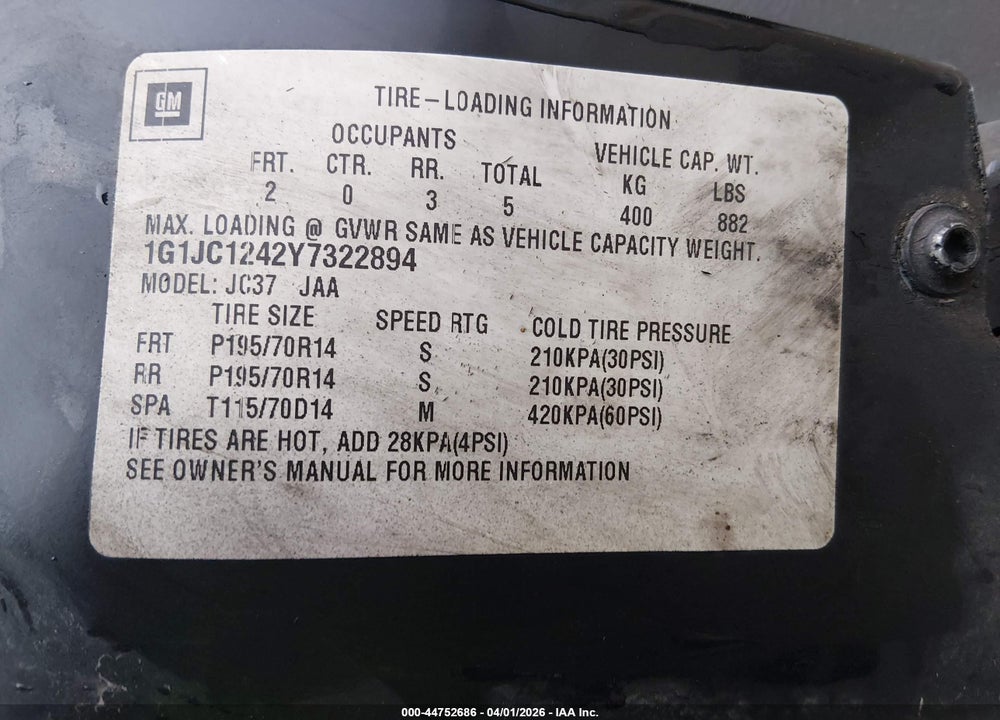 2000 CHEVROLET CAVALIER VIN: 1G1JC1242Y7322894