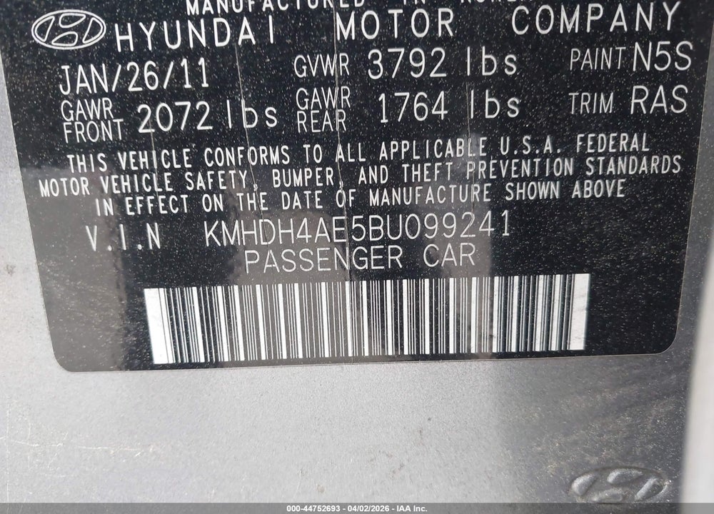2011 HYUNDAI ELANTRA GLS (ULSAN PLANT) VIN: KMHDH4AE5BU099241