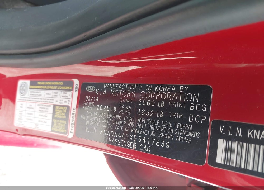 2014 KIA RIO EX VIN: KNADN4A3XE6417839