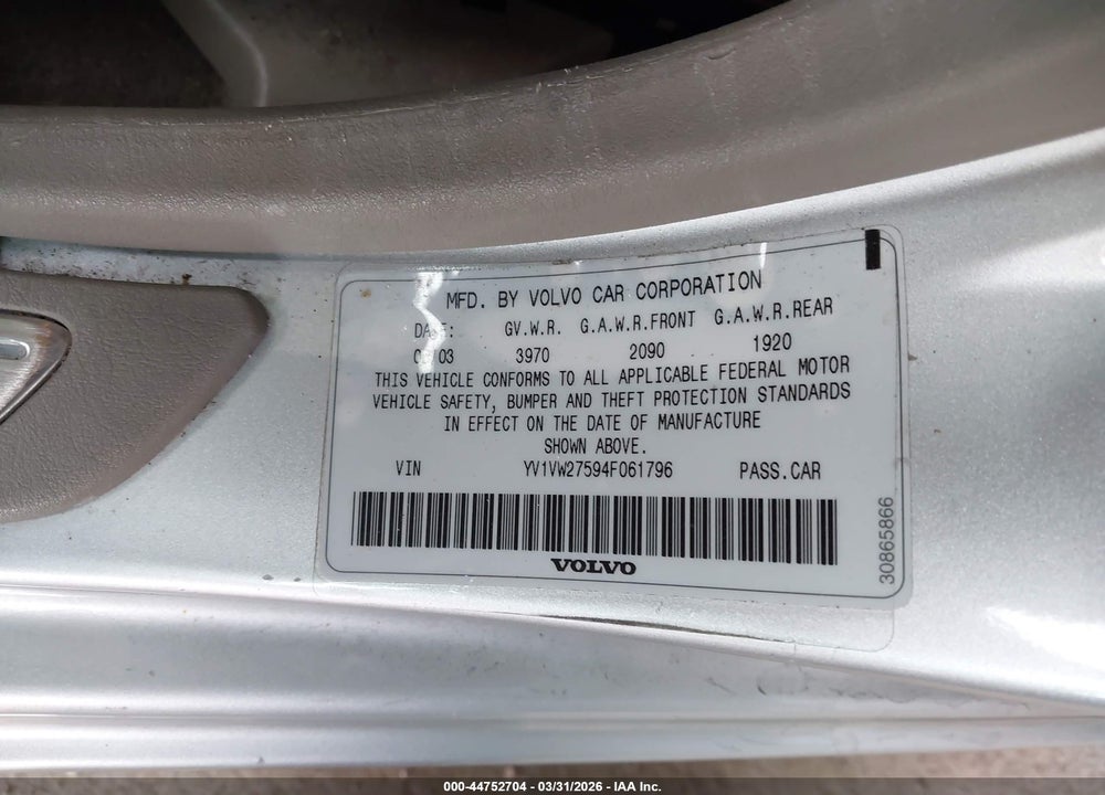2004 VOLVO V40 A/LSE VIN: YV1VW27594F061796