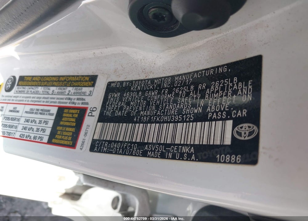 2017 TOYOTA CAMRY LE VIN: 4T1BF1FK0HU395125