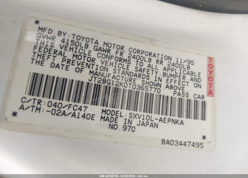 1996 TOYOTA CAMRY DX/LE/XLE VIN: JT2BG12K0T0365770