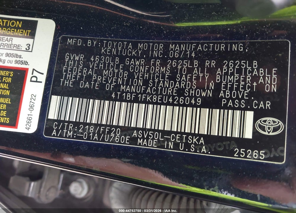 2014 TOYOTA CAMRY SE VIN: 4T1BF1FK8EU426049