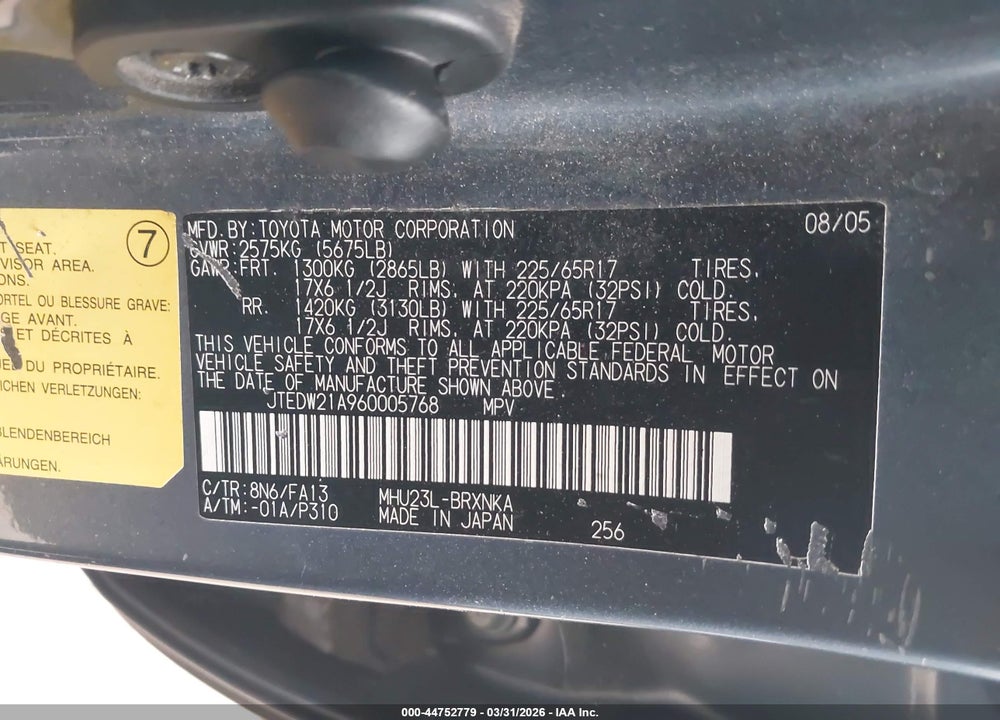 2006 TOYOTA HIGHLANDER HYBRID LIMITED V6/V6 VIN: JTEDW21A960005768