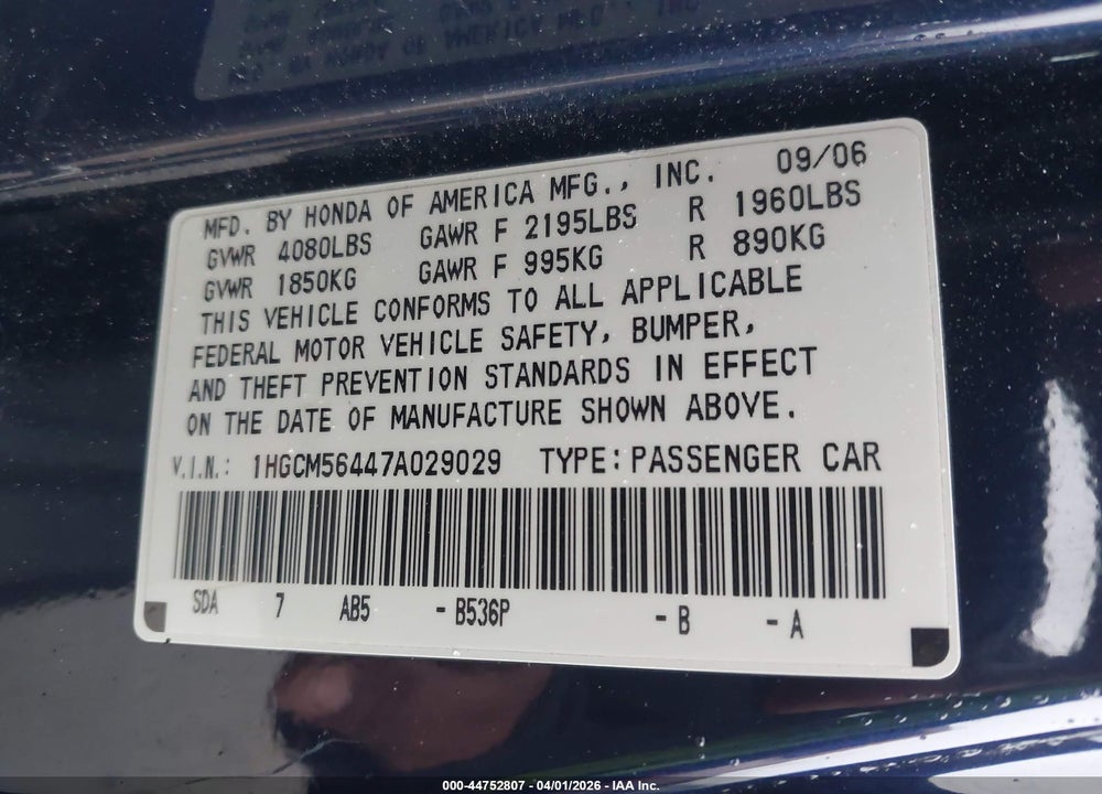 2007 HONDA ACCORD 2.4 LX VIN: 1HGCM56447A029029